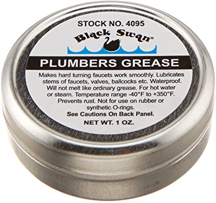 BLACK SWAN Plumbers Grease, 1 ounce – Lubricates Stems of Faucets, Valves, Ballcocks, Cartridges, and DIY Projects, etc. This Grease is Waterproof And Will Not Melt. Can Be Used on Hot Water or Steam. This Product Also Forms a Barrier Against Rust. HBC1139/#1881.