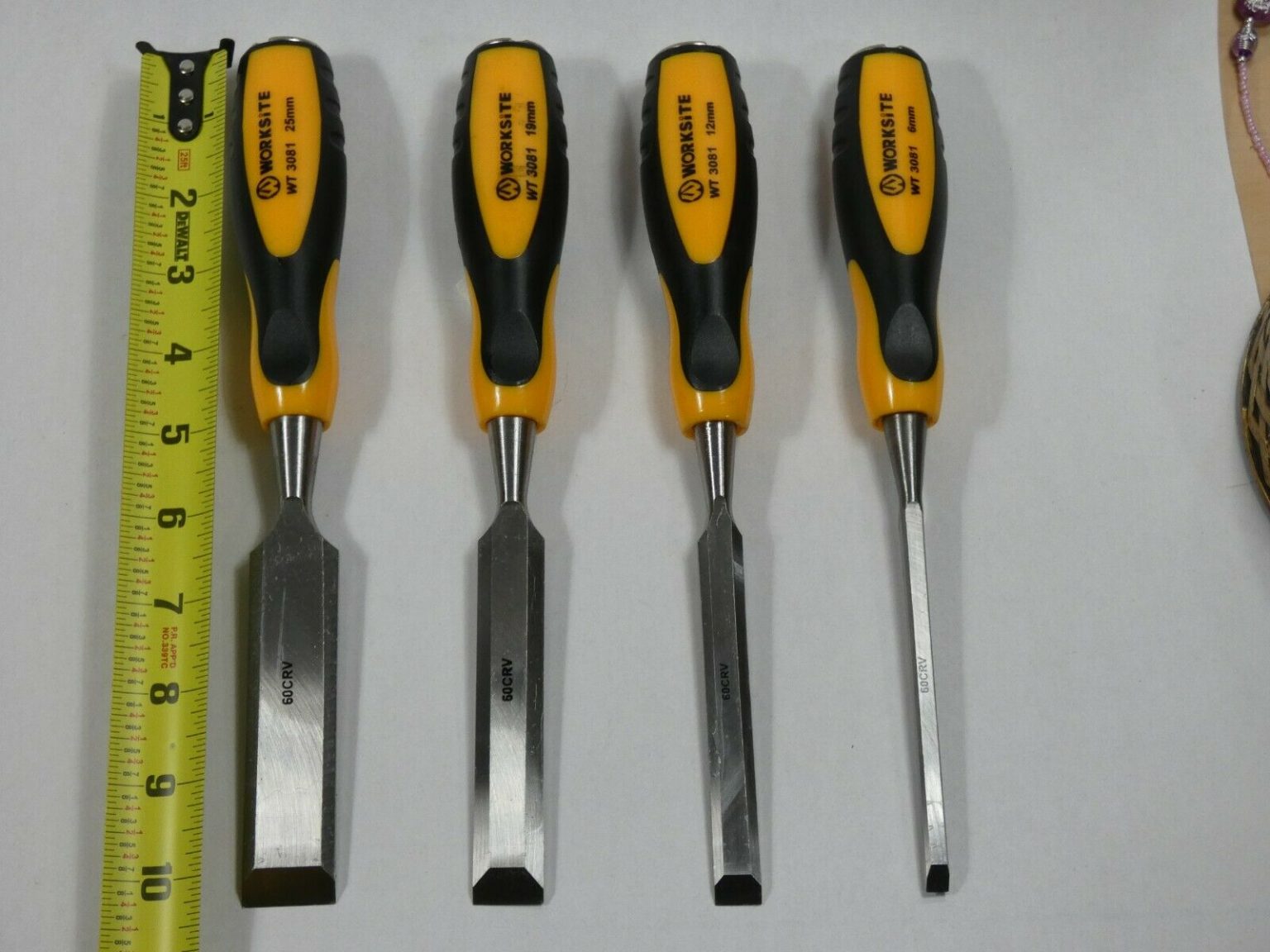 "Worksite 4PCS Wood Chisel Set Fiberglass Handle Sizes 6,12,19,25mm