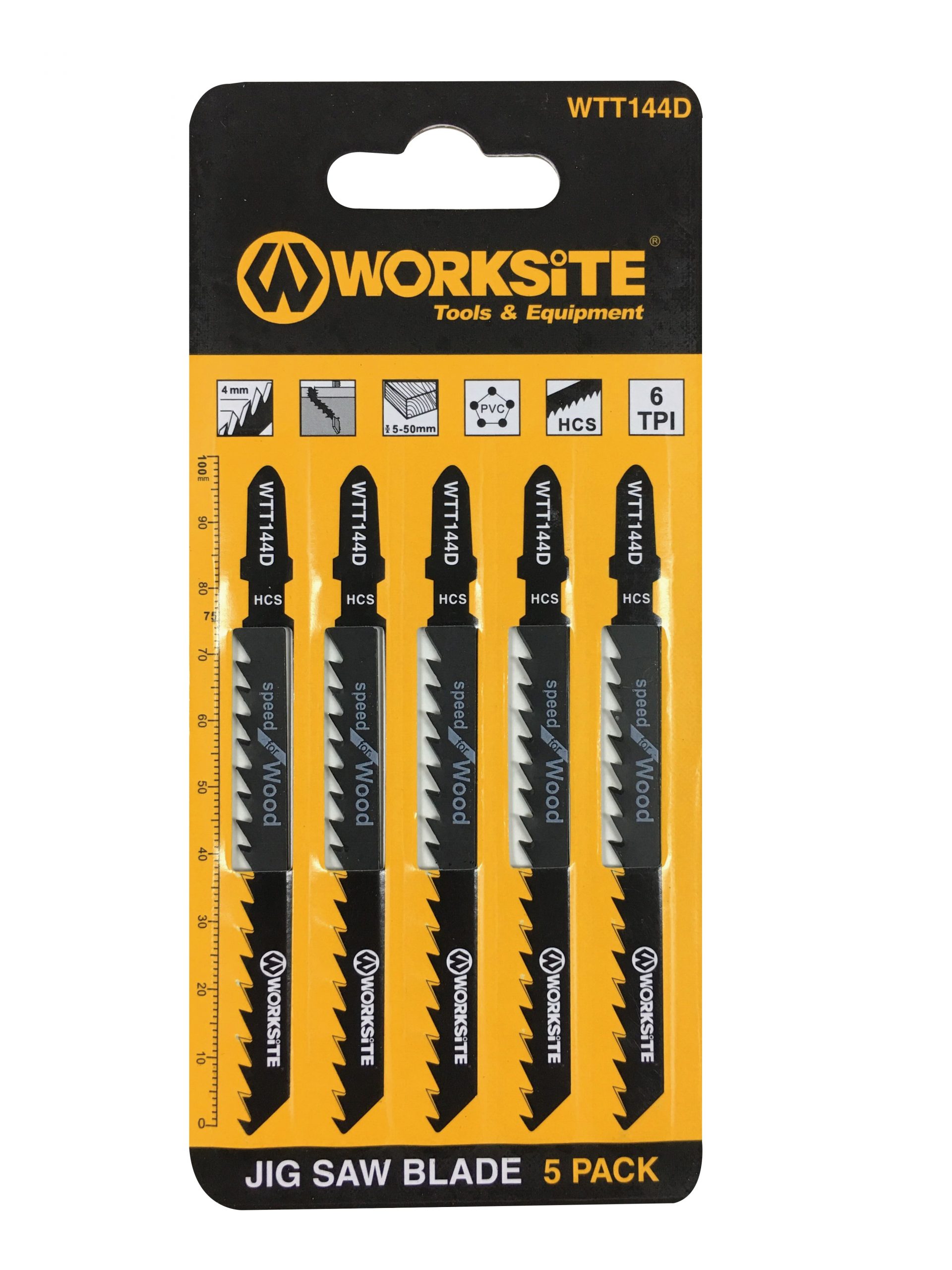 WORKSITE Jigsaw Blade Set 5Pcs, 4 inch X 5/16 inch 6 TPI, HCS T-Shank Jig Saw Blade Fast Cutting Wood, PVC, designed for high-performance cutting and speed in wood applications WTT144D