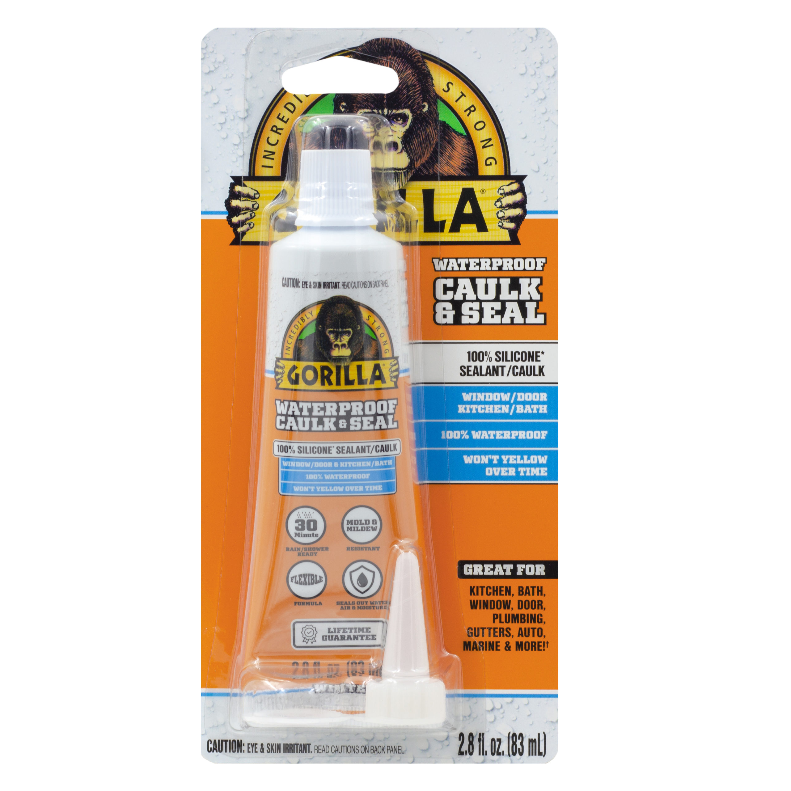GORILLA Waterproof Caulk & Seal 100 percent Silicone Sealant (2.8 ounces). This Powerful Silicone Sealant Seals Out Water, Air And Moisture And Is Great For Kitchen, Bath, Window, Doors, Auto, Marine, Plumbing, Gutters And More! Ready For Water Exposure In Just 30 Minutes, This Waterproof Sealant Is Mold & Mildew Resistant. The Clear Silicone Sealant Won’t Yellow, Shrink Or Crack Over Time. 109329